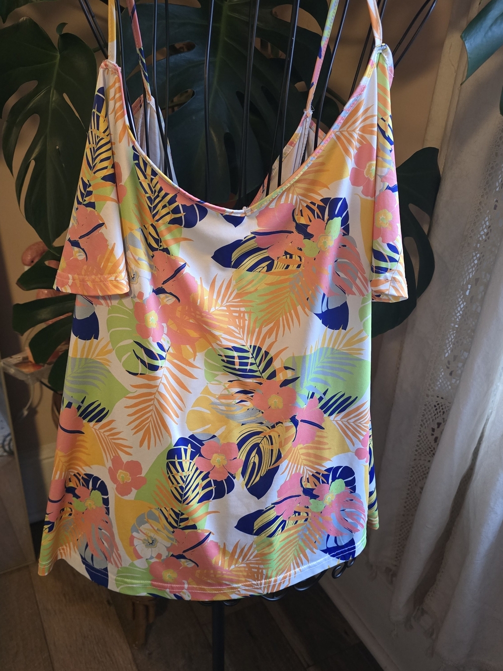 SHEIN Curve Tropical Palm Floral Cold Shoulder Short Sleeve Top 2XL